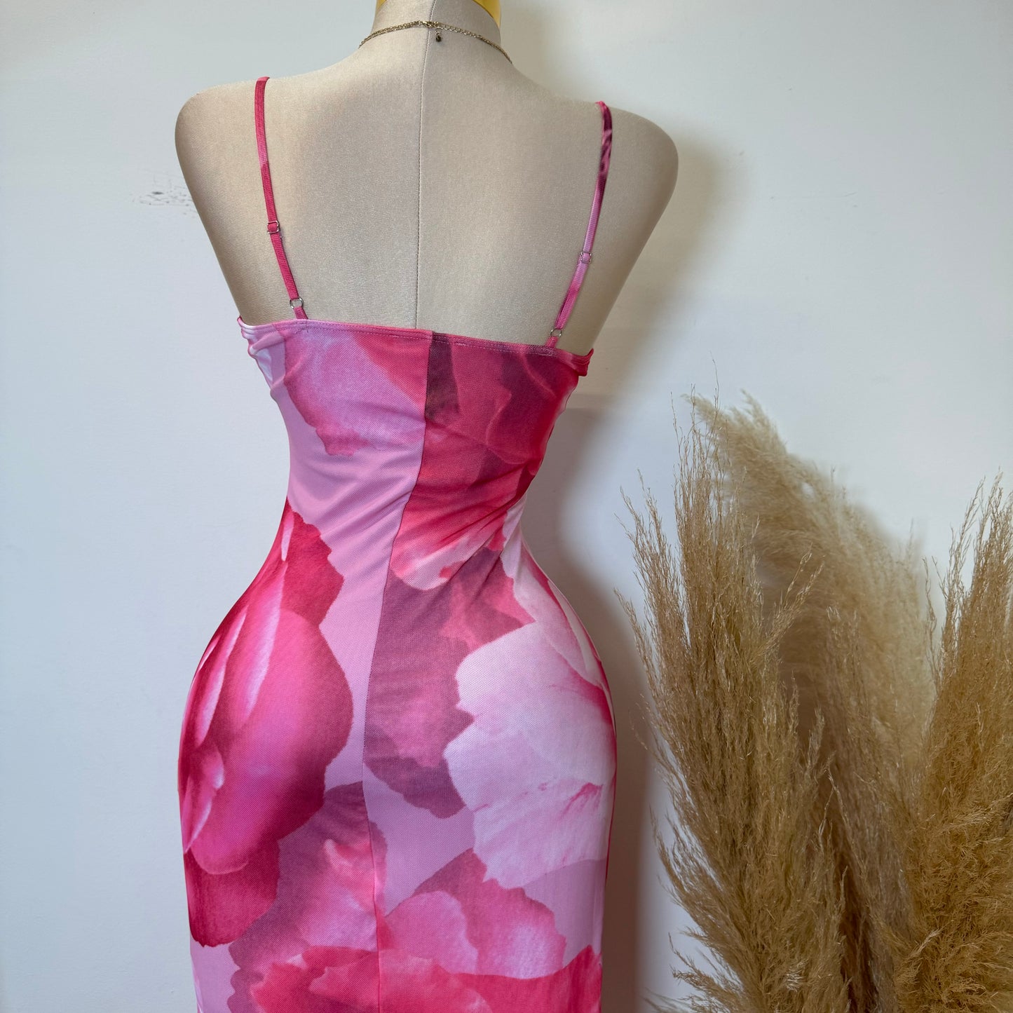 Zabrina Floral Ruffle Slit Mesh Dress-Pink