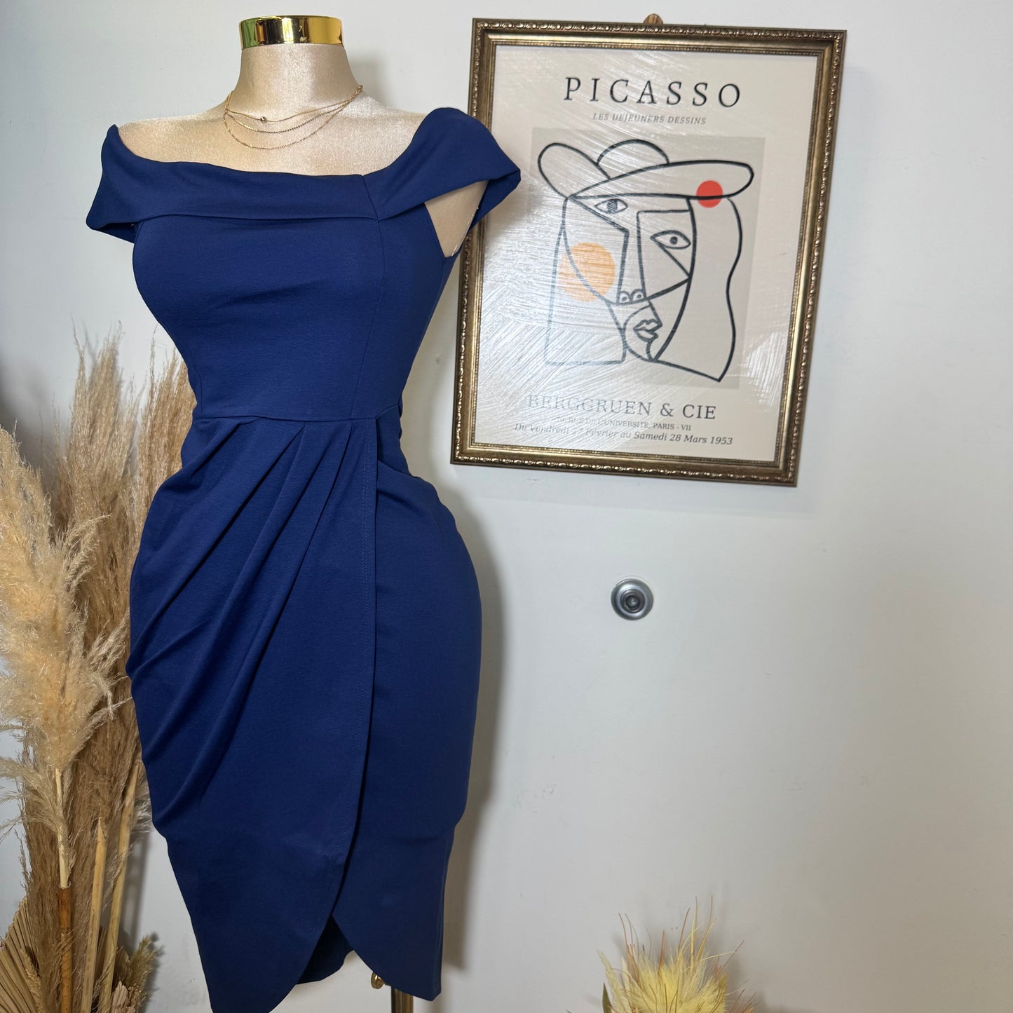 Midi Off shoulder Dress-Navy b