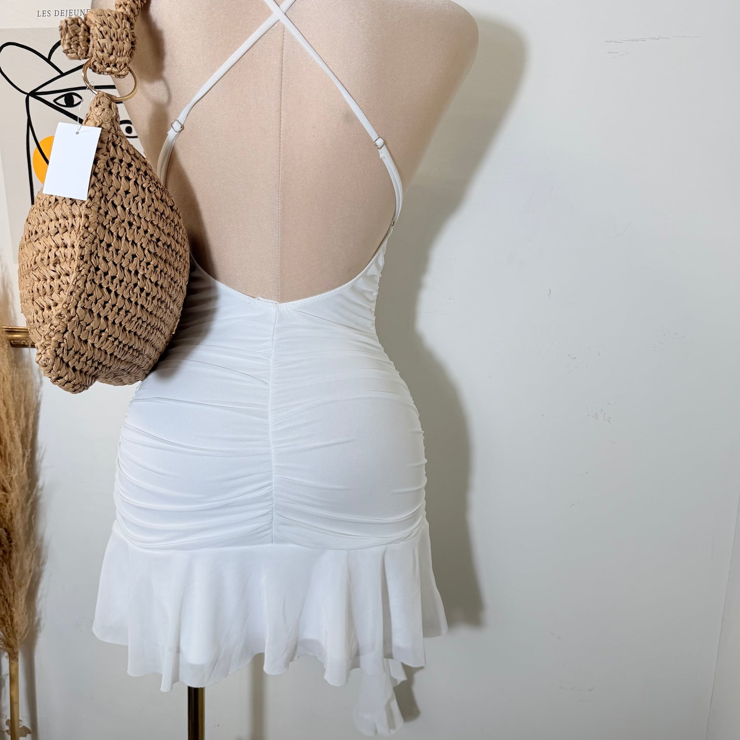 Asymmetrical Ruffle Mini Dress with Cross-Back Straps-White