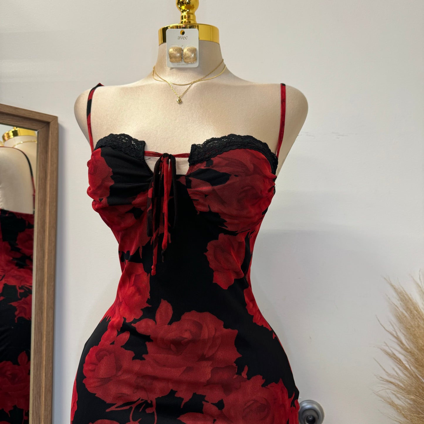 Rose Mesh Spaghetti Dress-Black/Red