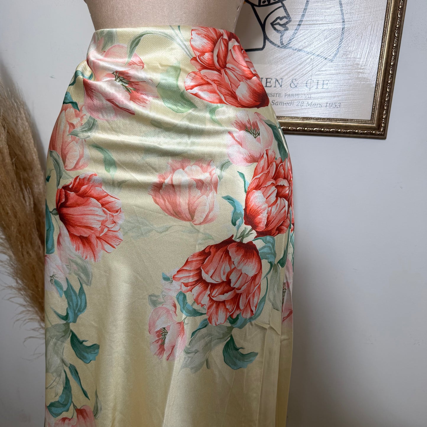 Floral strapless Satin Top and Maxi skirt set-Butter yellow