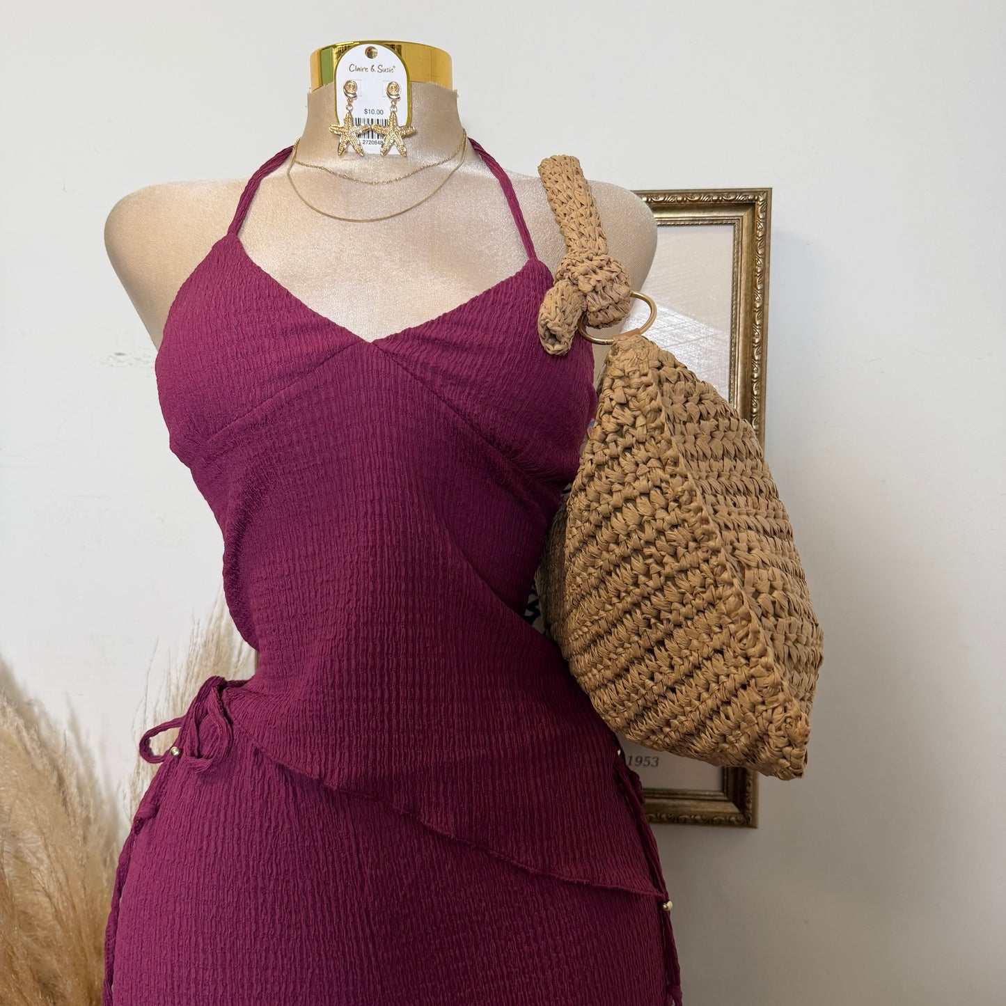 Asymmetrical hem Halter Top Wide leg Set-Berry