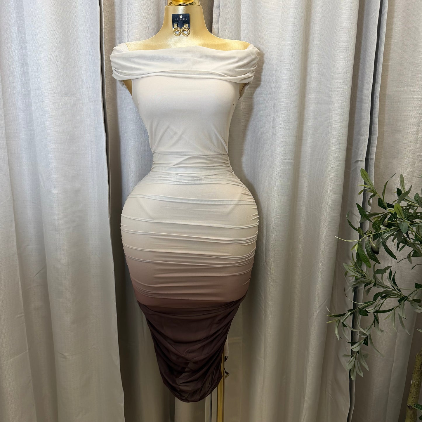 Ombre Off the Shoulder Dress-Taupe/Brown