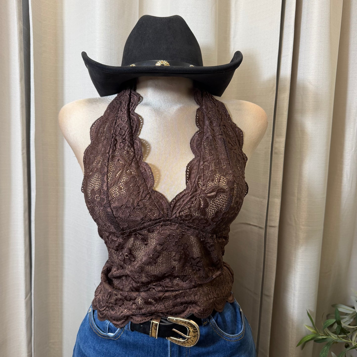 Floral Lace scalloped halter Top-brown