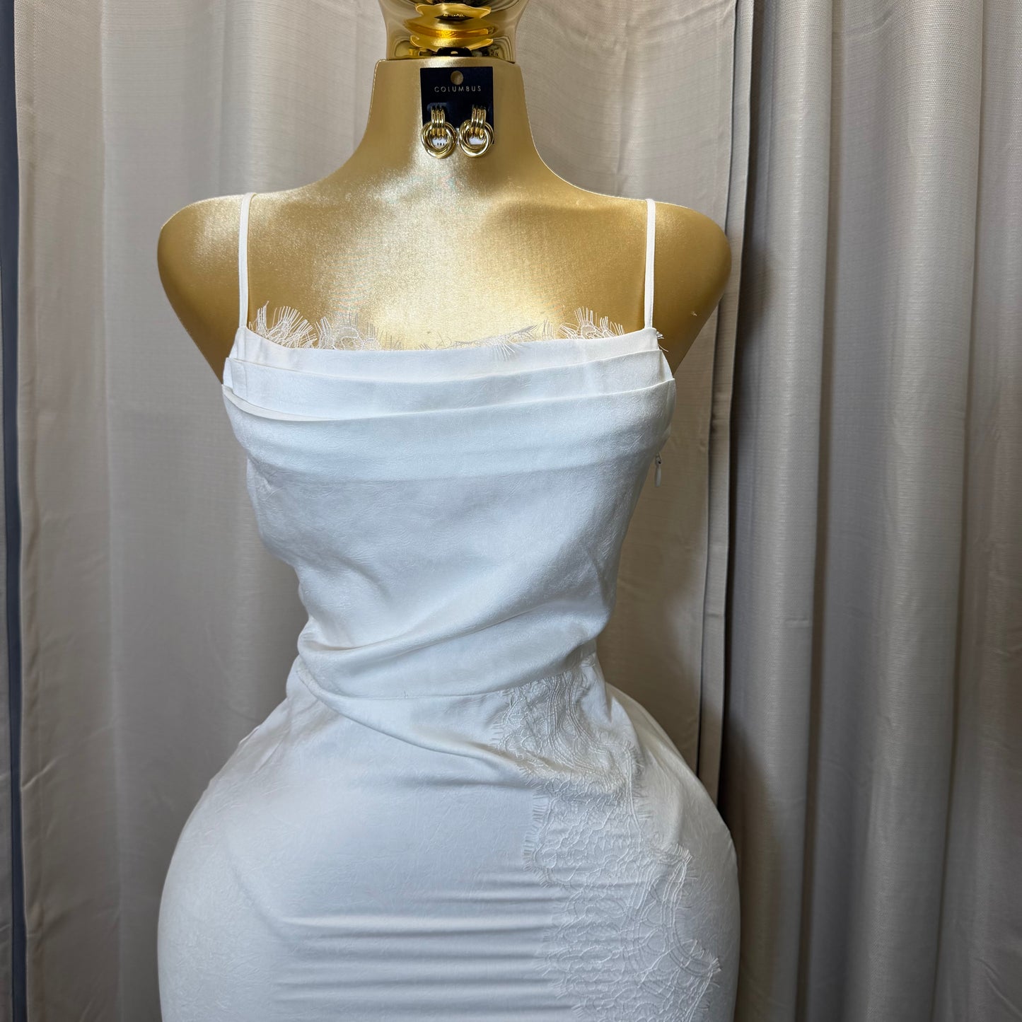 LACE DETAIL SATIN MIDI DRESS-White