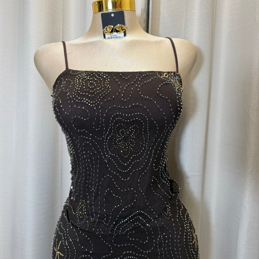 Spaghetti Mesh Top with beads-brown