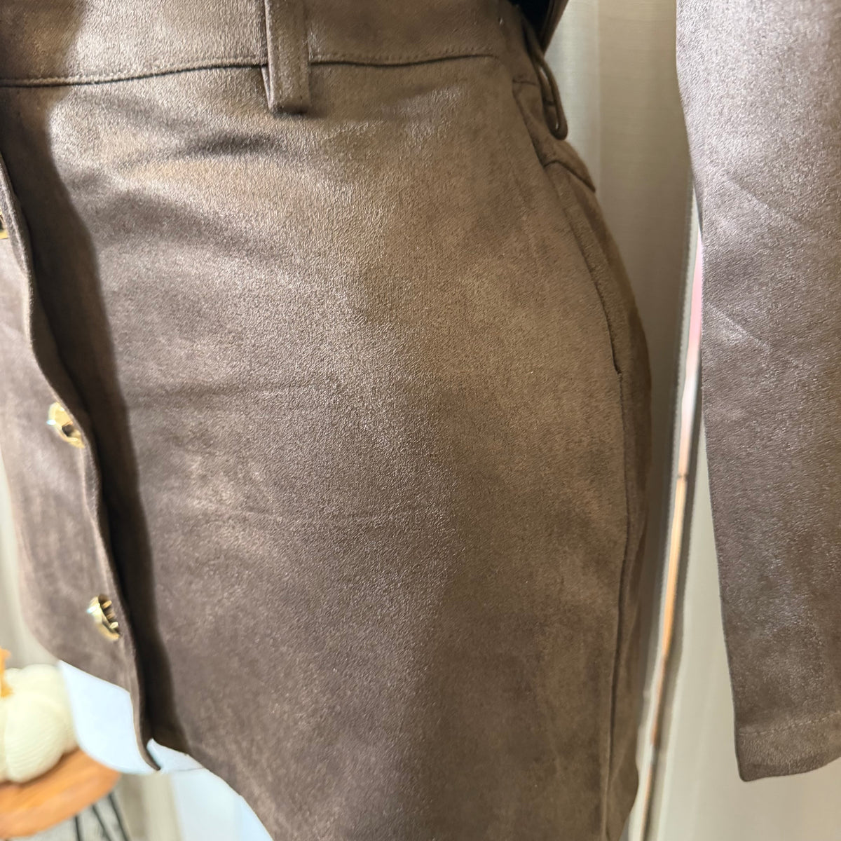 Suede skirt cropped Jacket set-Choco brown