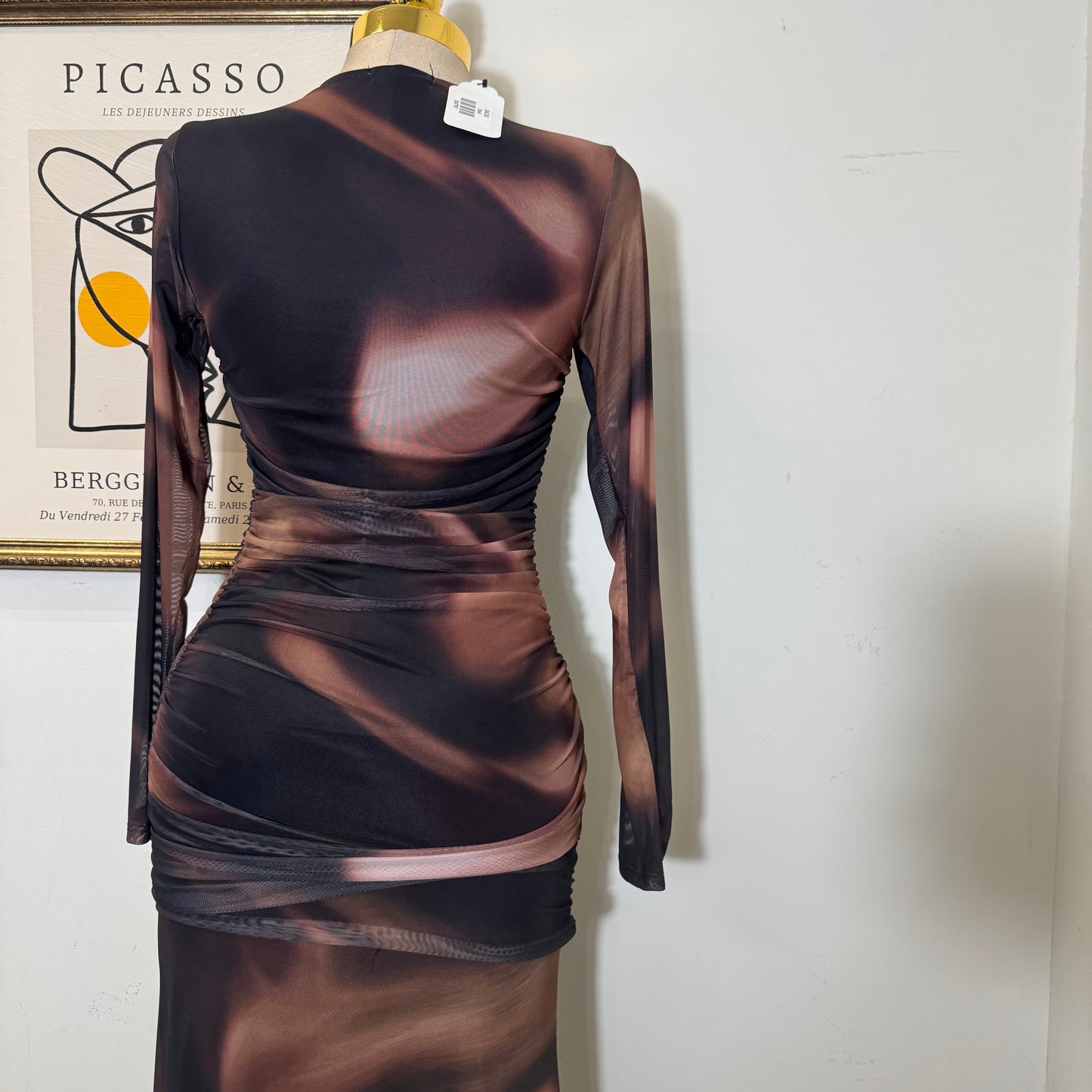 Geographic Mesh Maxi Dress-Brown Combo