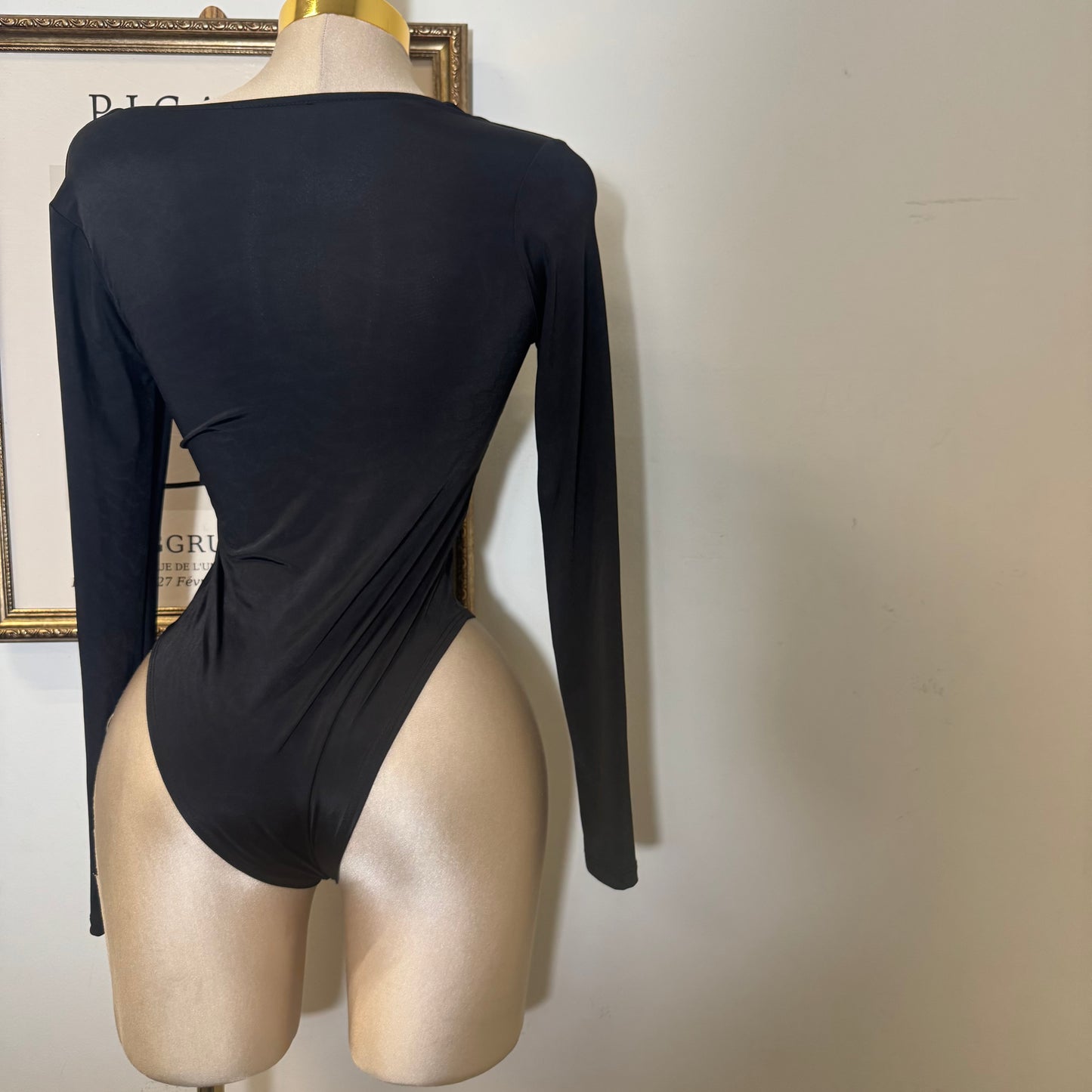 Long Sleeve Bodysuit with Gold Detail-Black