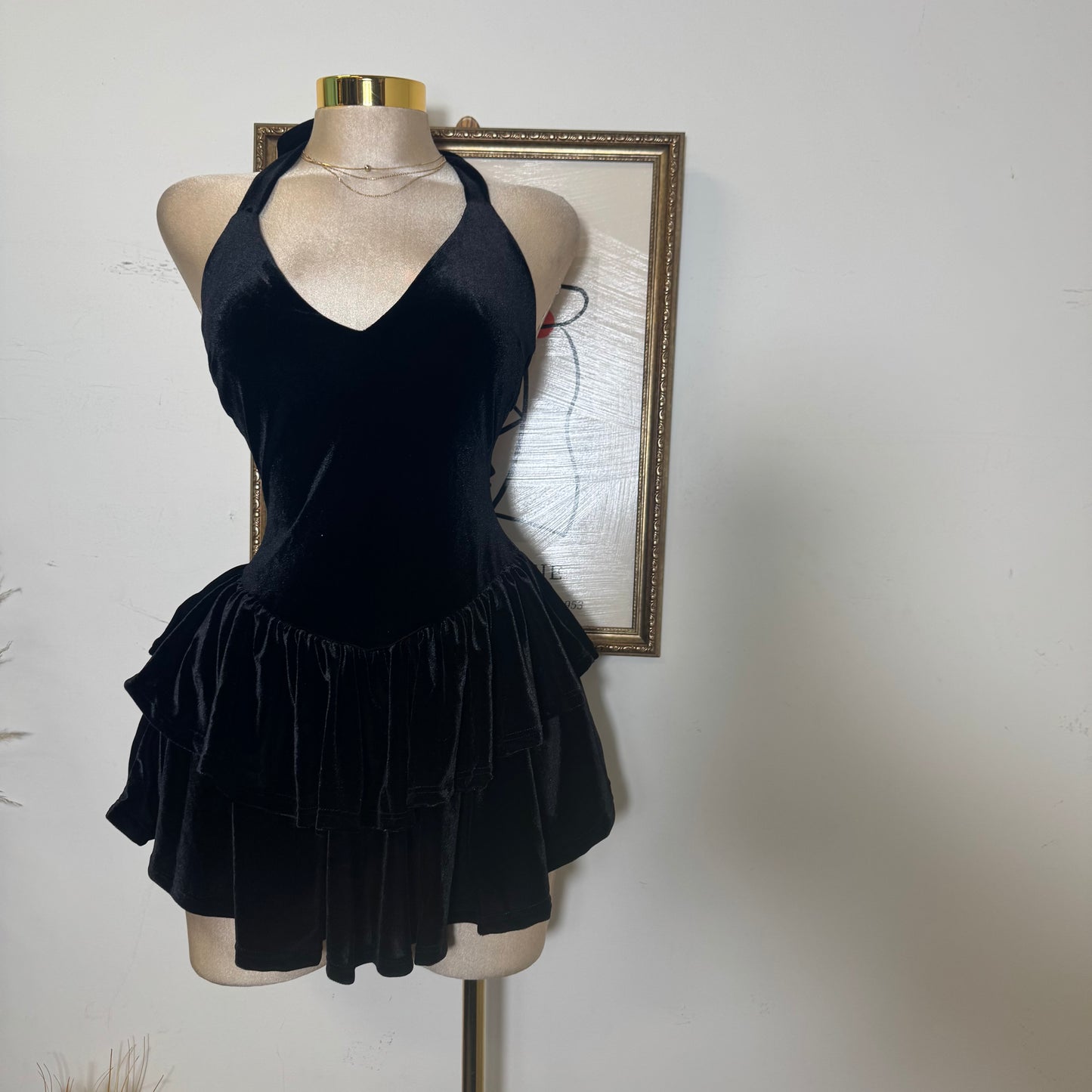 Velvet Halter Double Layer Fit and Flare Dress-Black