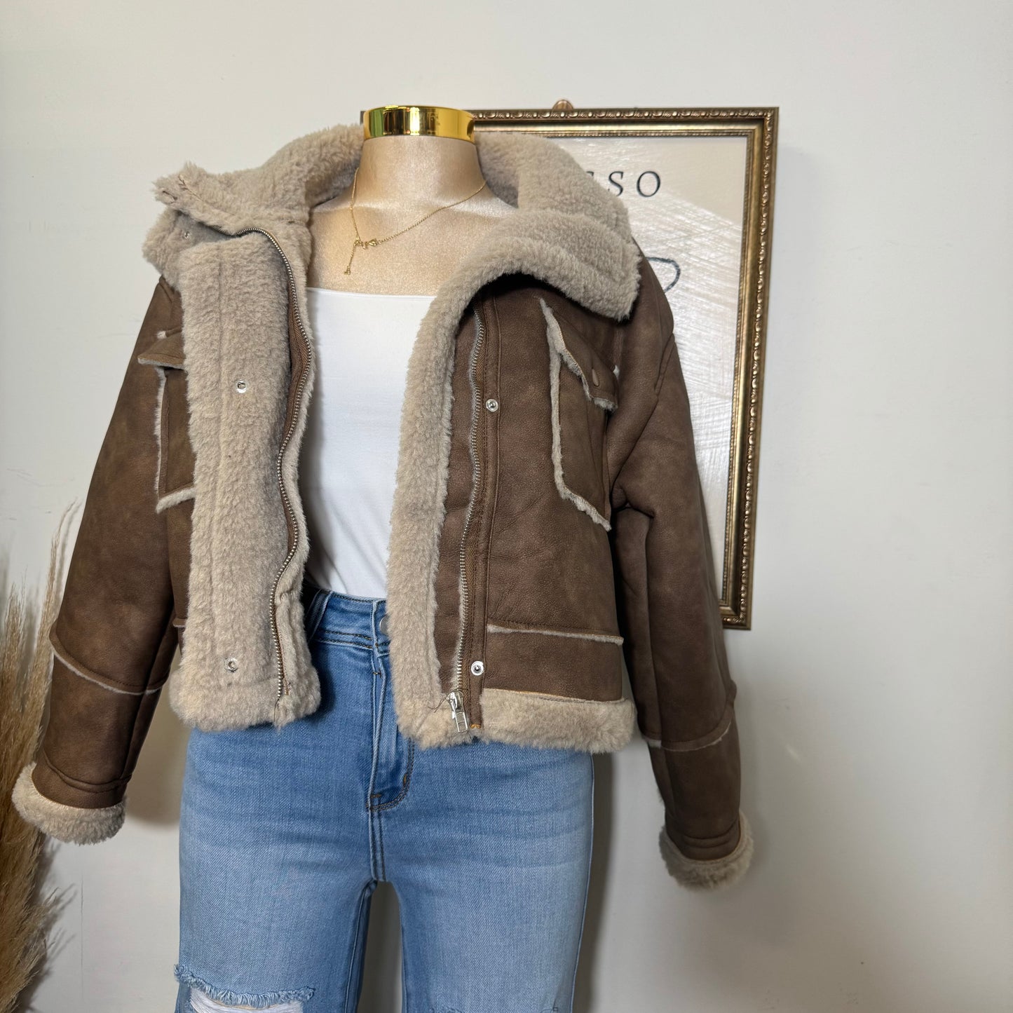 Long Sleeve Pocket Detail Faux Leather Inner Fur Jacket-Brown