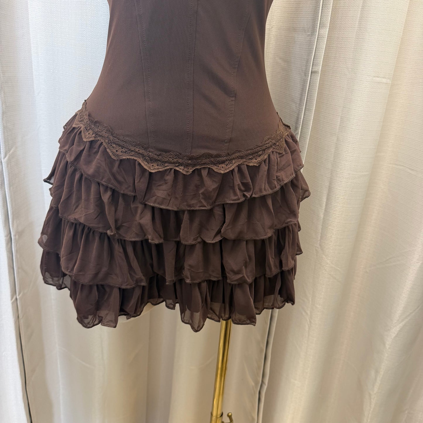 Halter Neck Mini Corset Dress with Layered skirt-Brown
