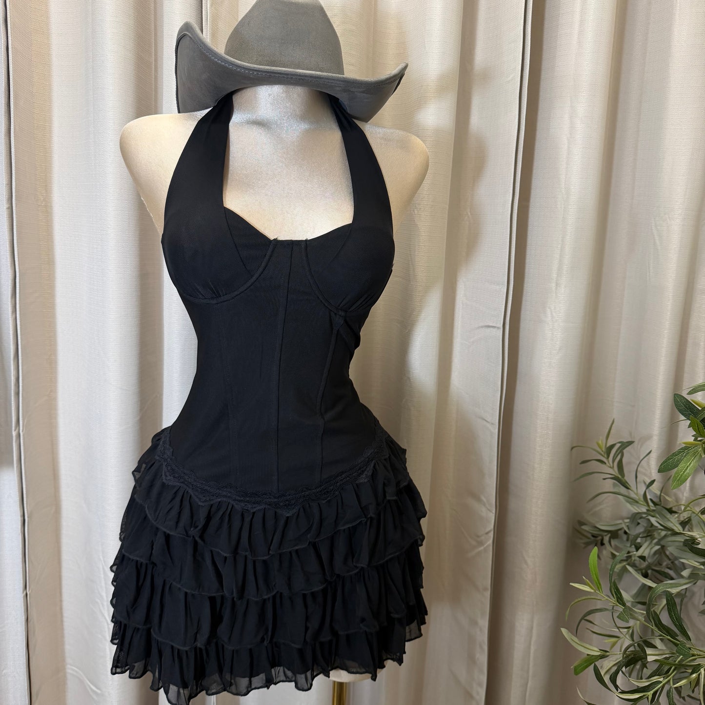 Halter Neck Mini Corset Dress with Layered skirt-Black
