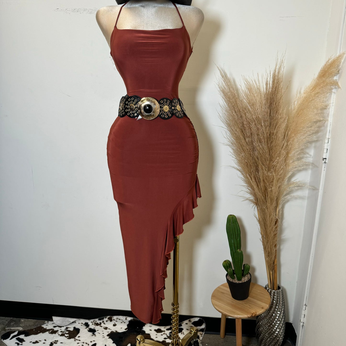 Liza Open Slit Dress-Rust