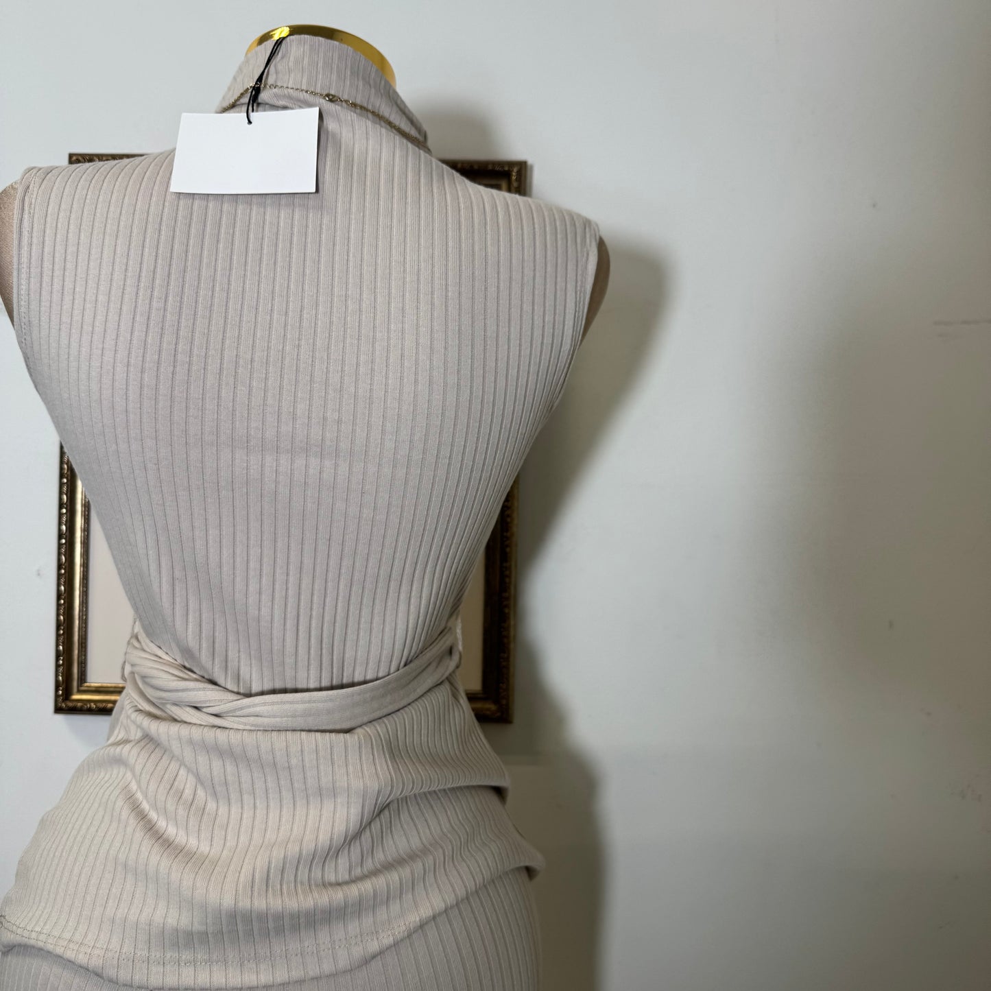 PL Sleeveless Mock neck with Belt rib knit Top and Wide Rib Knit pants-cream