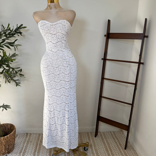 Lace Strapless Maxi Dress-White