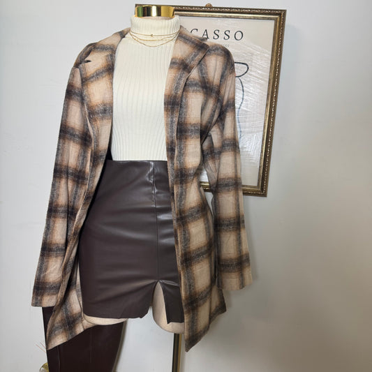 Long Sleeve Plaid Blazer Coat RS -Brown