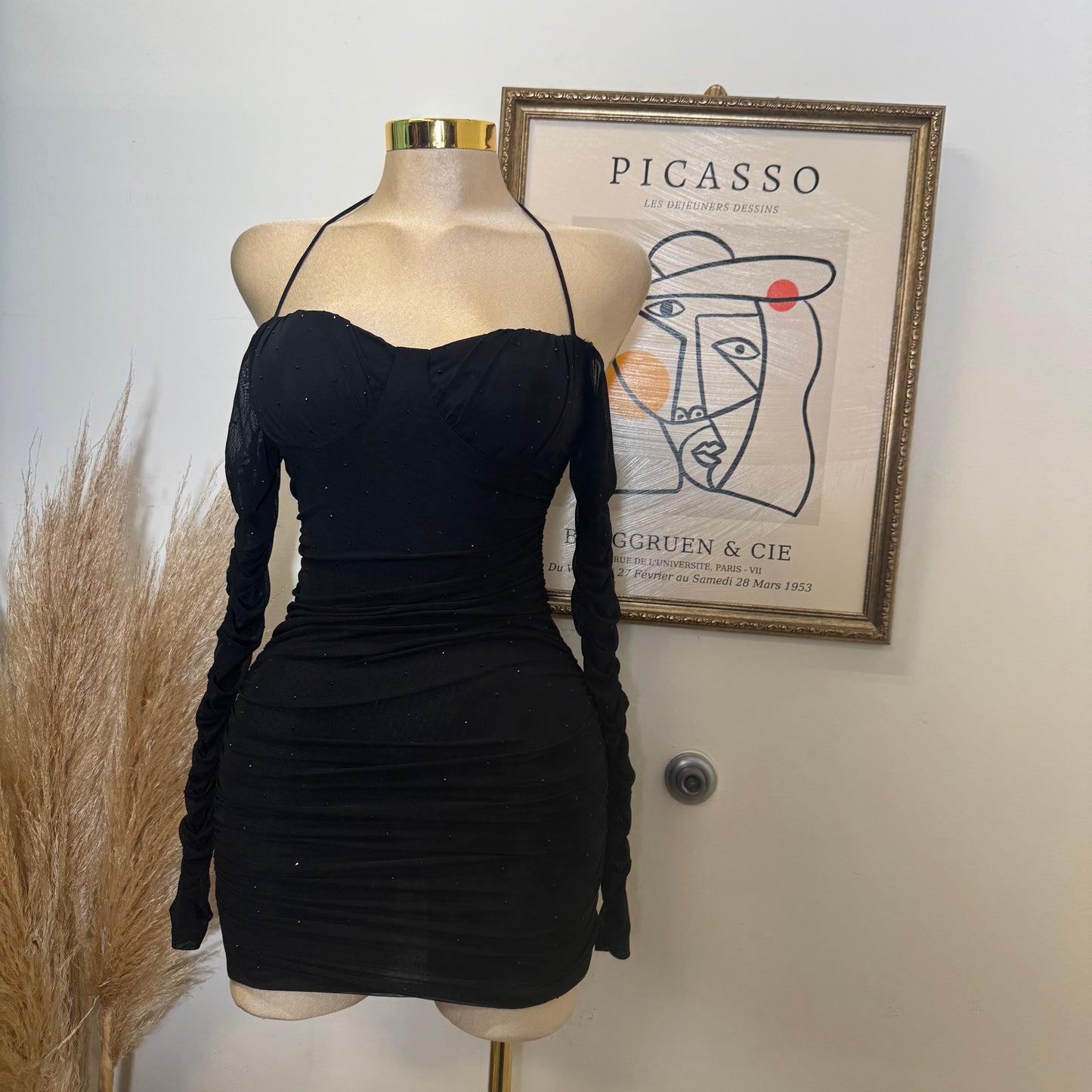 Mesh With Hotfix Rhinestone Long Sleeve Mini Dress-Black