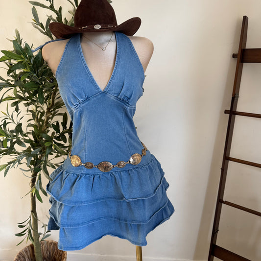 Halter Ruffle Denim Dress-Blue