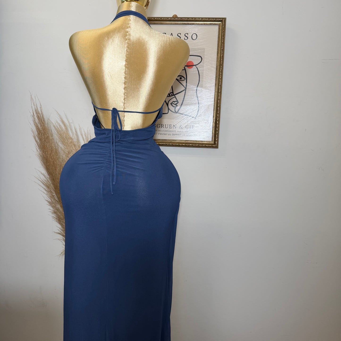 Halter Ruffle Slit Maxi Dress-Navy