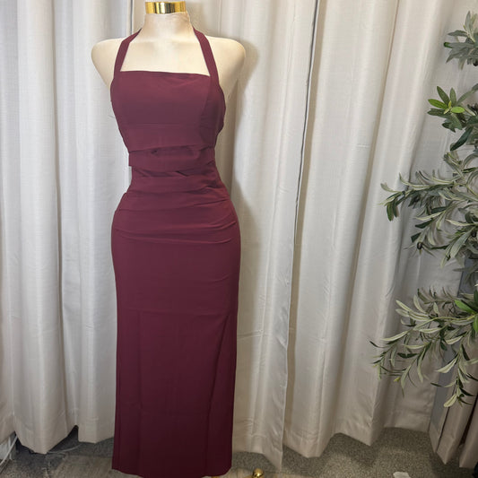 Halter Neck Structured Back Slit Maxi Dress-Burgundy