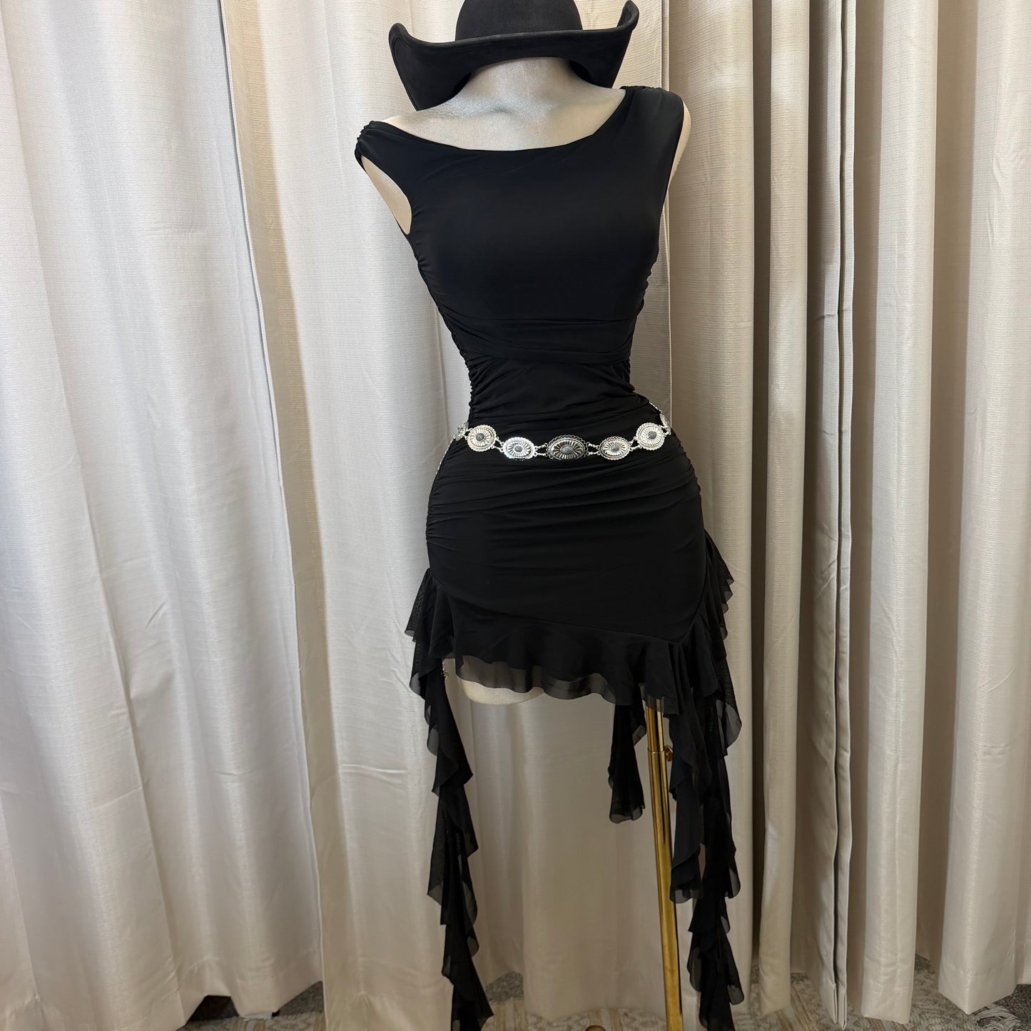 Off shoulder Dress with flowing Detail-Black