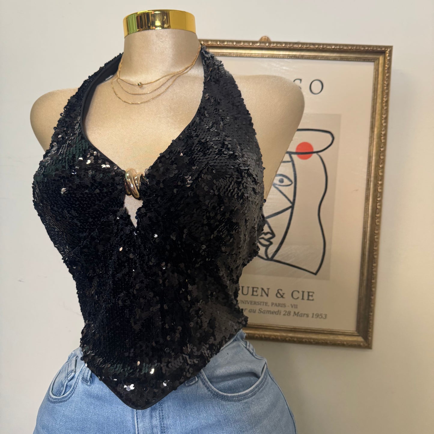 Sequin With Hardware Halter Top-black