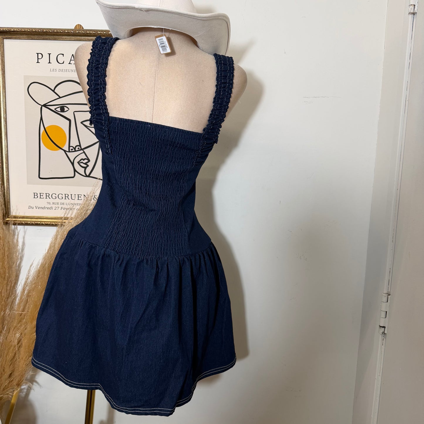 Ruched Bodice Denim Mini Dress-Dk Denim