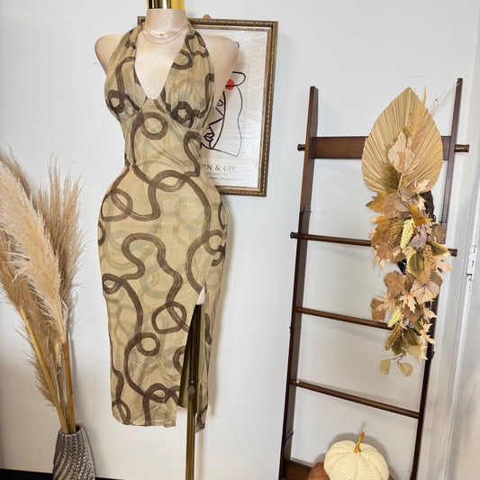 Halter Midi Print Dress-Olive Brown
