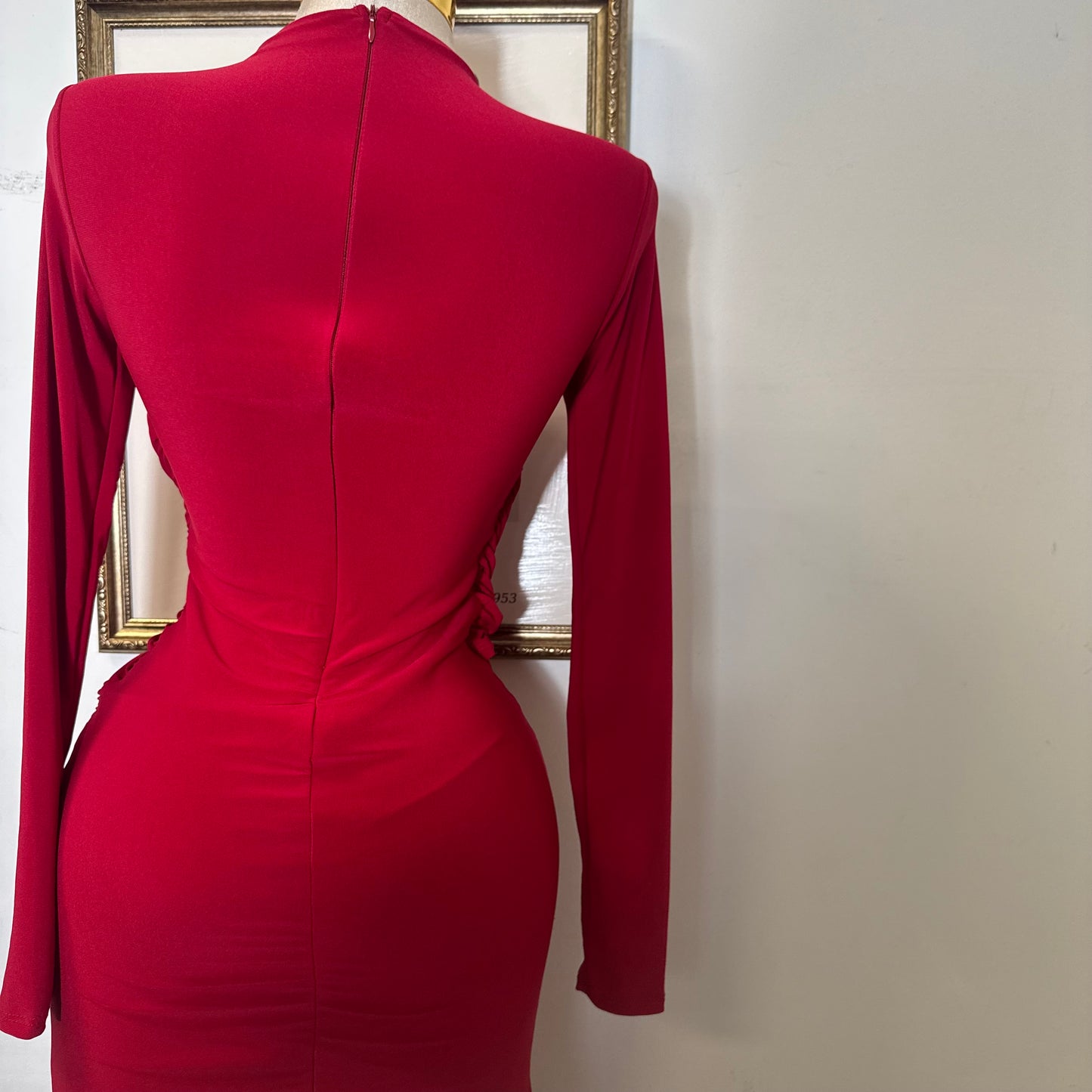 Long Sleeve Open Slit Dress-Red