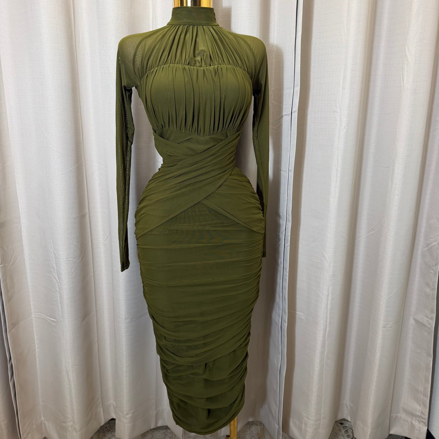 Long sleeve Mesh  Dress-Olive