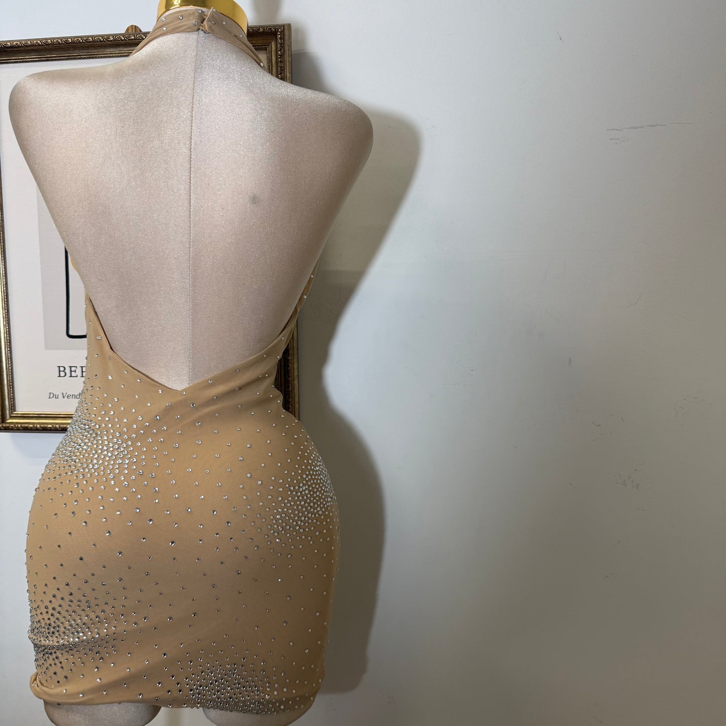 Rhinestone Power Mesh Cowl Neckline Mini Dress Halter Neck Open Back-Nude