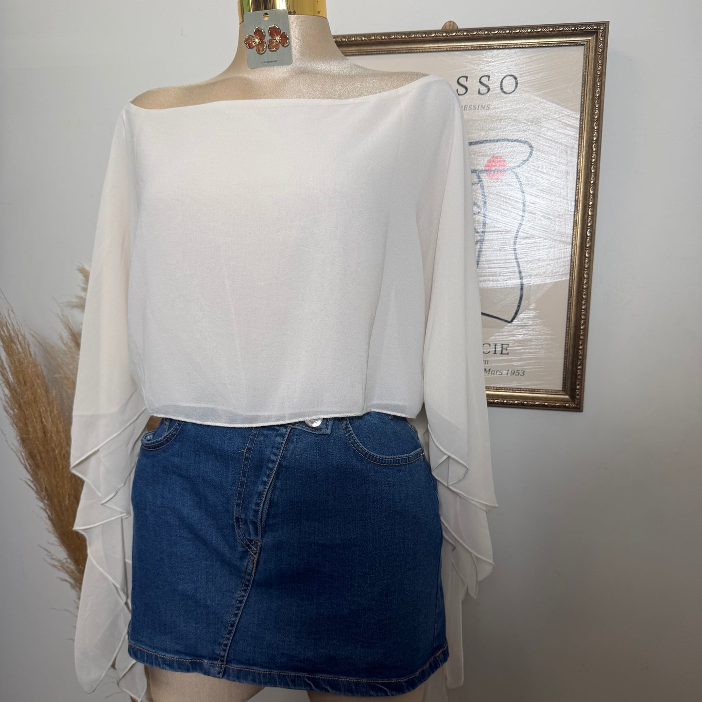 Sheer One-Shoulder Drape Crop Top-Cream