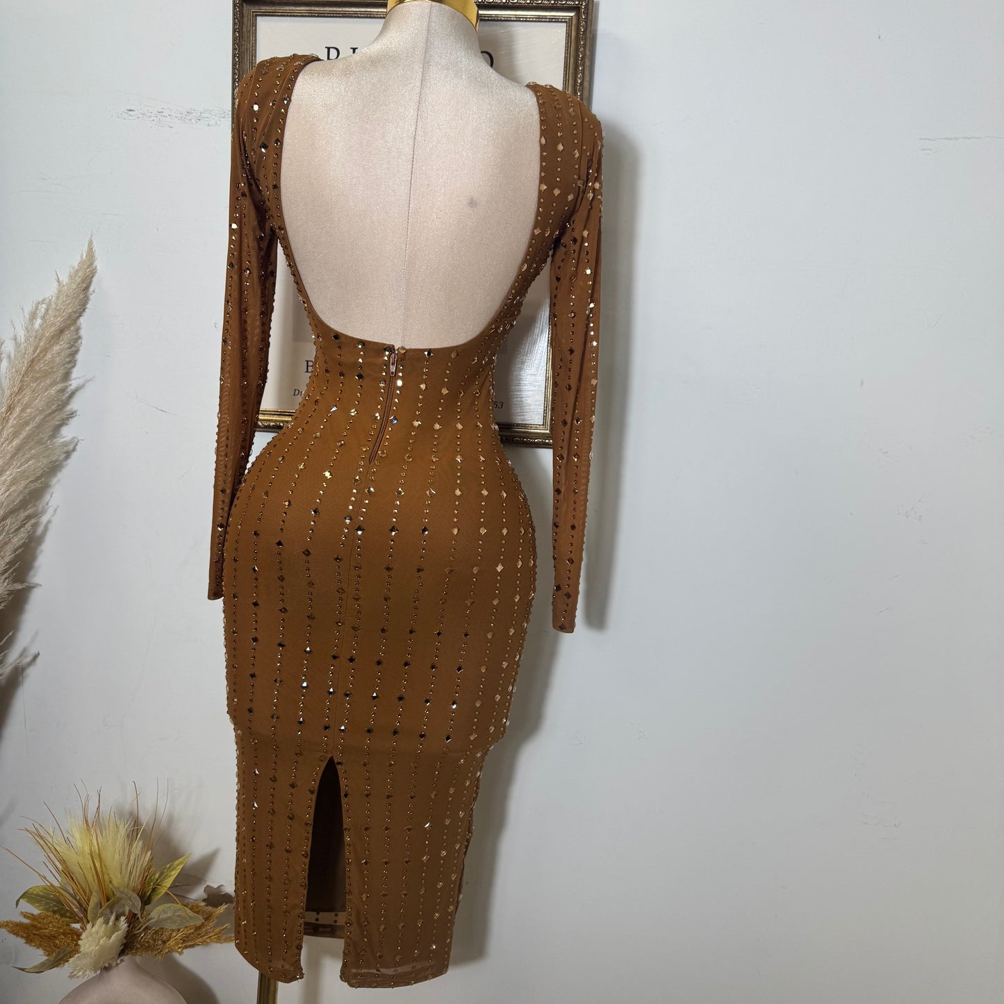Square Rhinestone On Mesh Midi Dress-Mocha