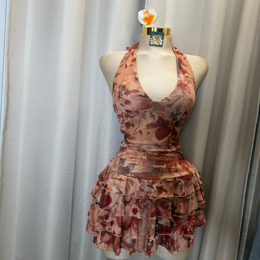 Halter flower Flare Dress- Orange