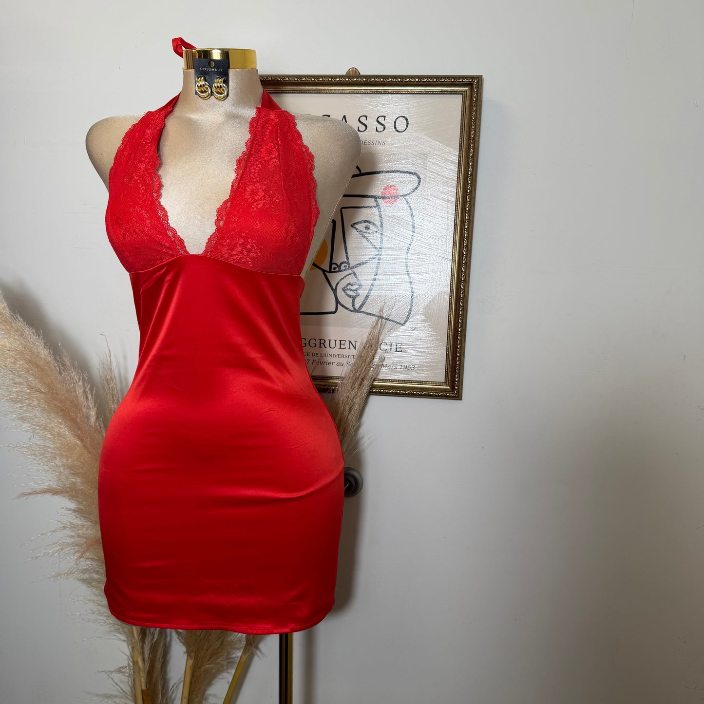 Halter Lace Satin Mini Dress-Red