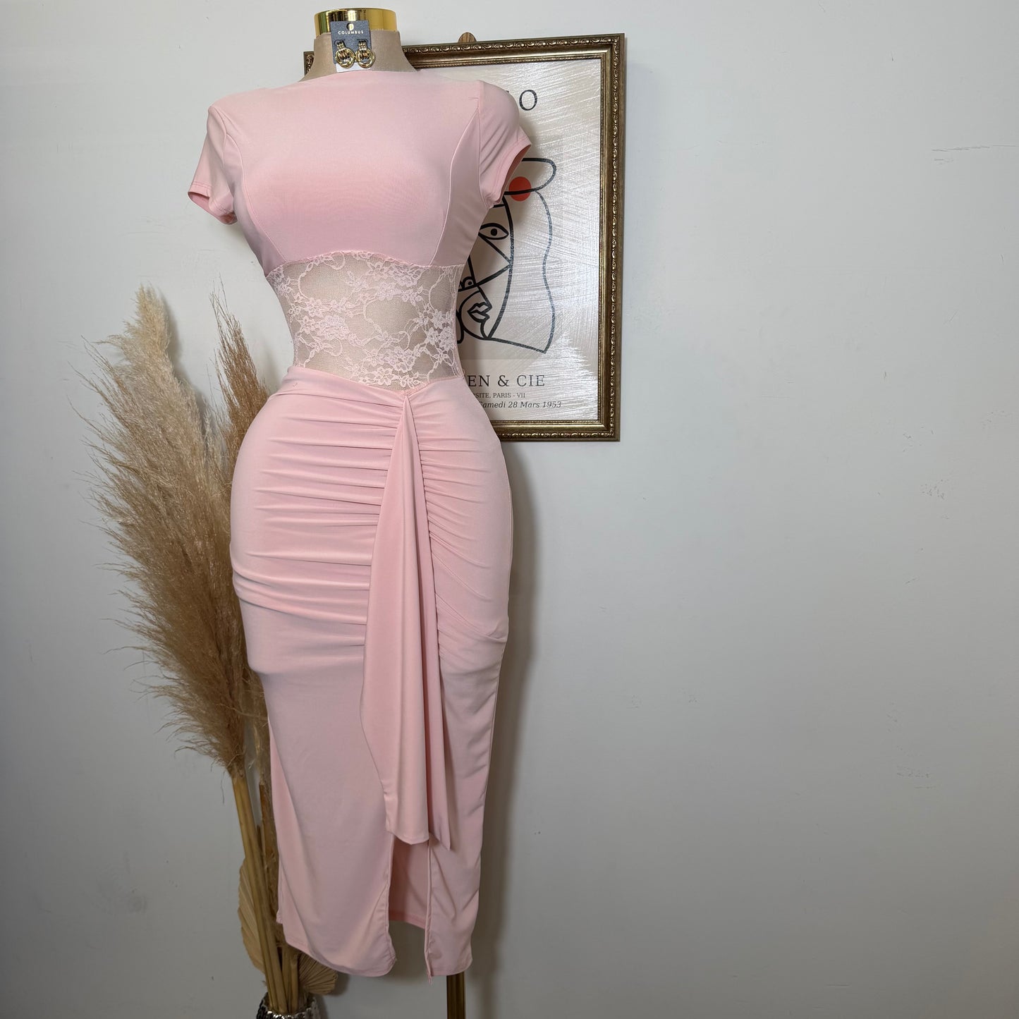 Lace Waist Contrast Midi Dress-Baby Pink