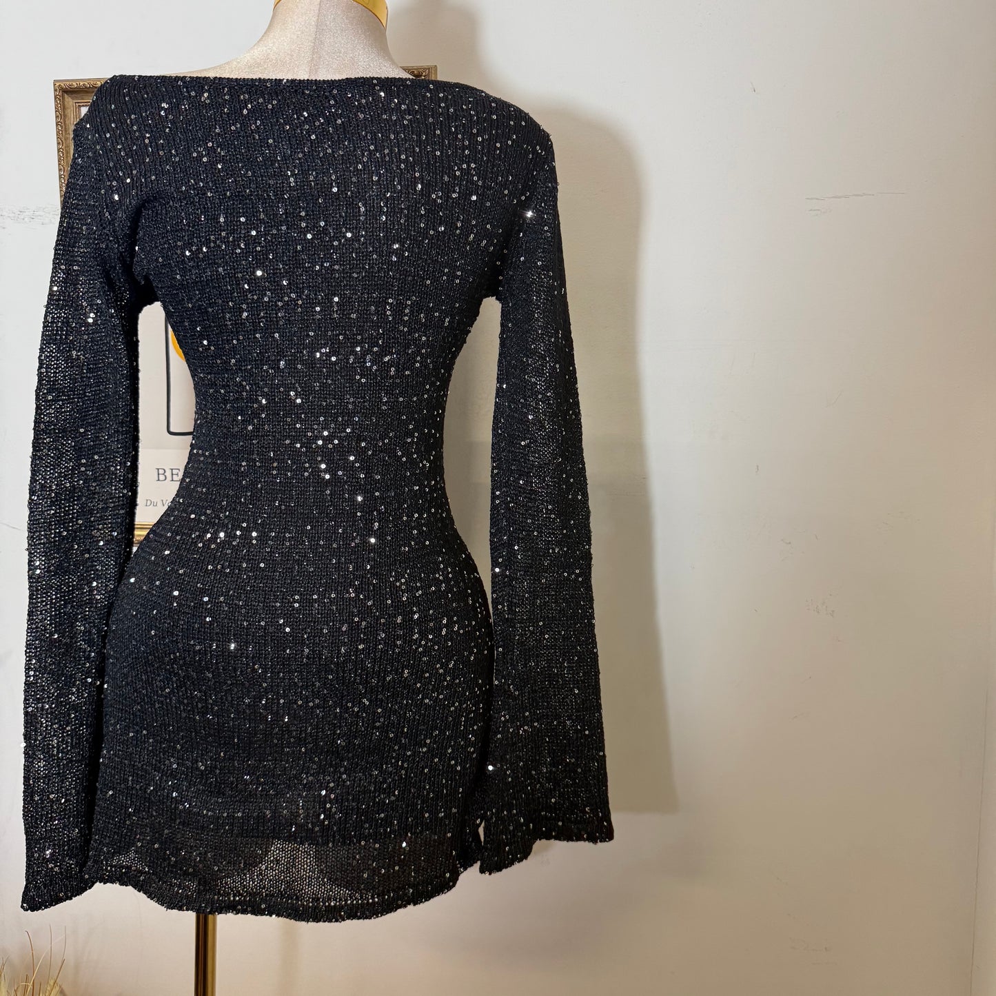 Long Sleeve Sequin Sweater Mini Dress-Black