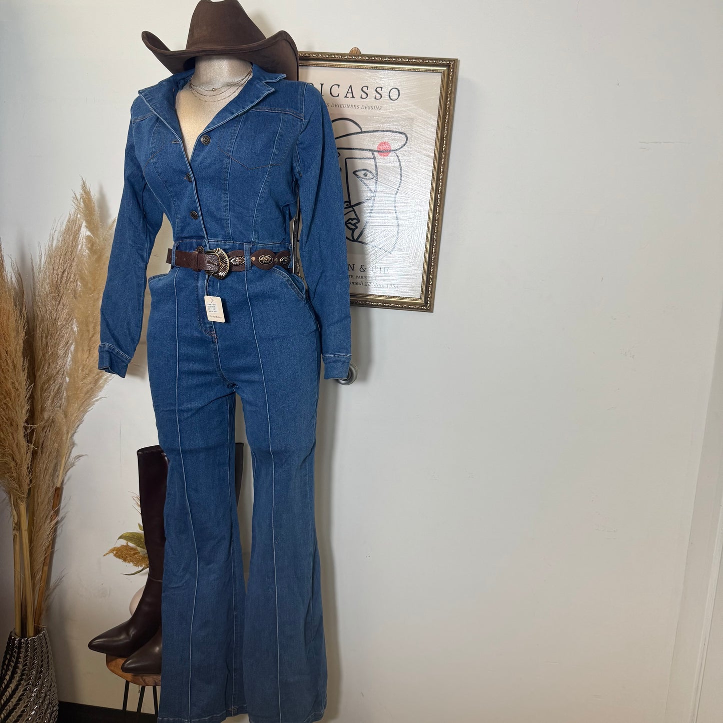 Denim Button Long Sleeve Jumpsuit -Dk denim