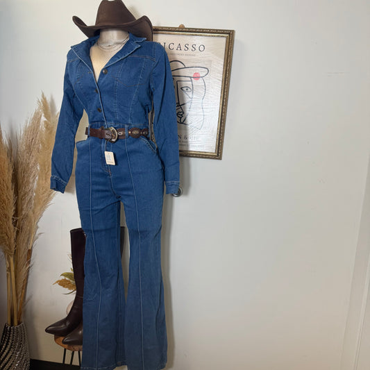 Denim Button Long Sleeve Jumpsuit -Dk denim