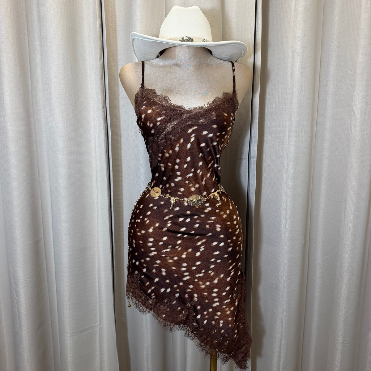 Bambi Print Asymmetrical Satin Lace detail dress-Print/brown