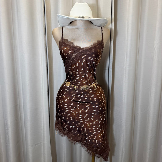 Bambi Print Asymmetrical Satin Lace detail dress-Print/brown