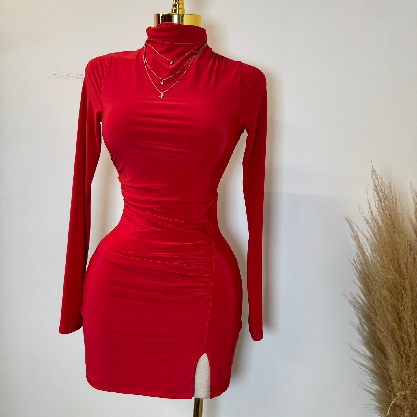 Long Sleeve High Neckline Ruched Mini Dress-Red