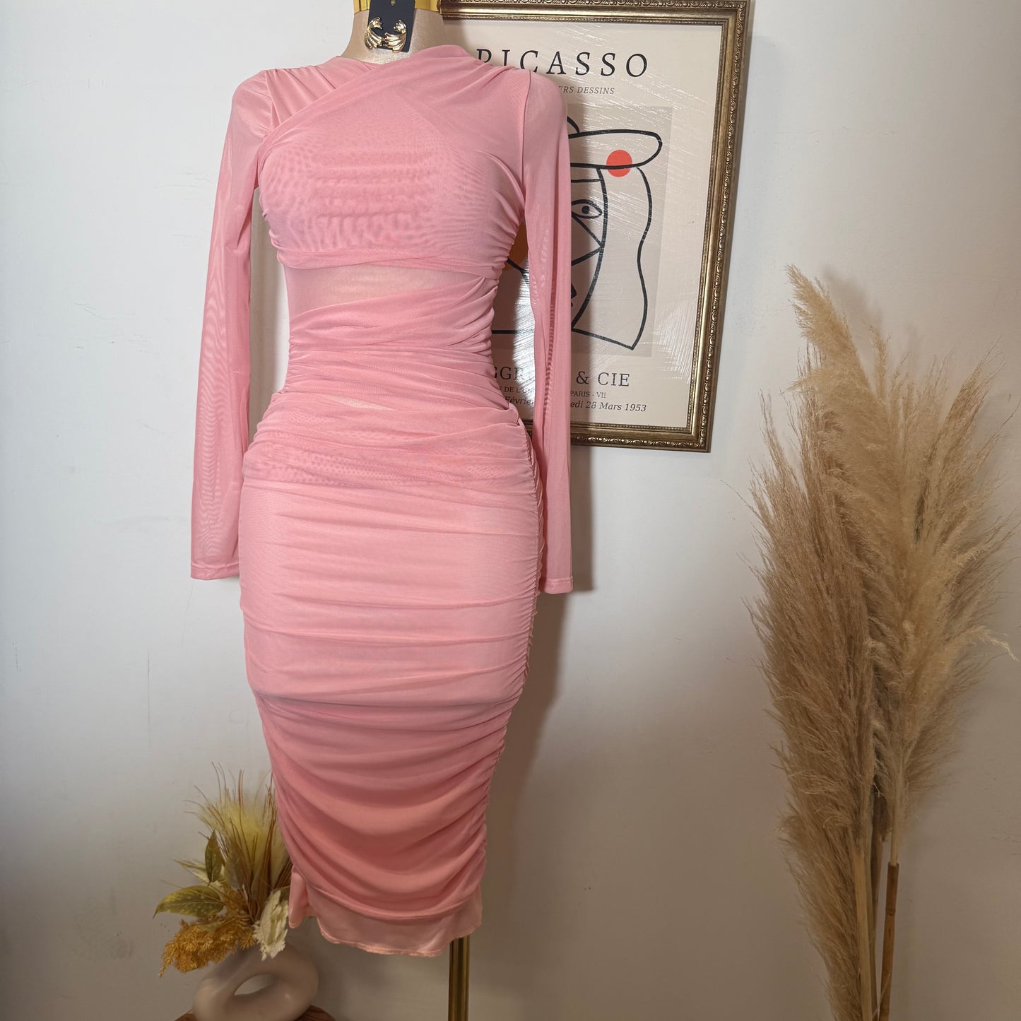 Solid Long Sleeve Mesh Dress-Baby Pink
