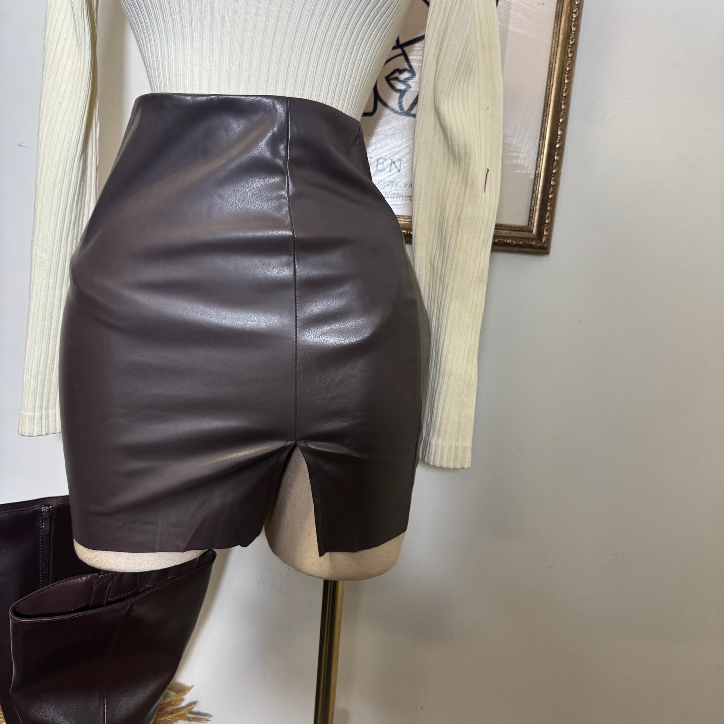 Leather Mini Skirt-Brown