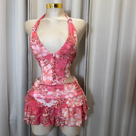 Halter Pink Corset Skirt Set-Pink
