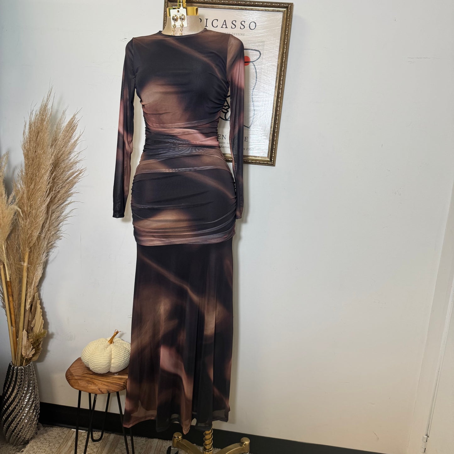 Geographic Mesh Maxi Dress-Brown Combo