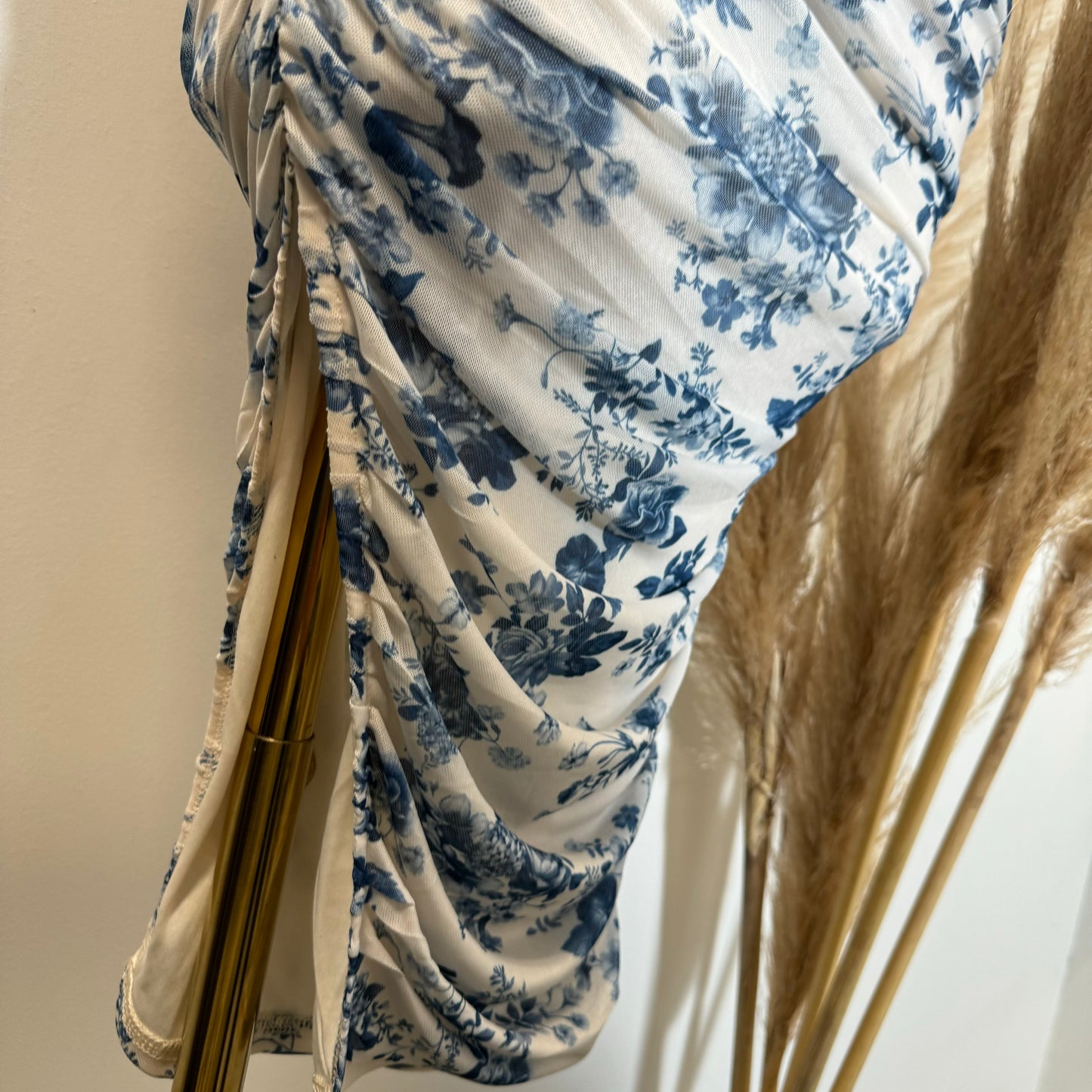 Floral Pleated Neckline Ruched Mini Dress-Blue/White