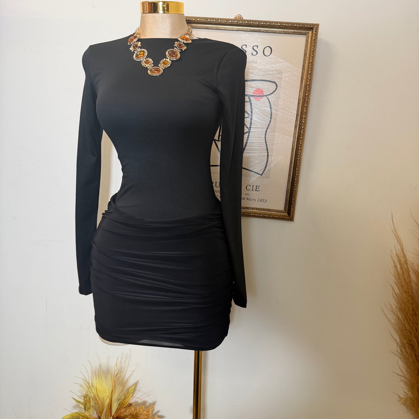 Mixed Media Long Sleeve Ruched Mini Dress-Black