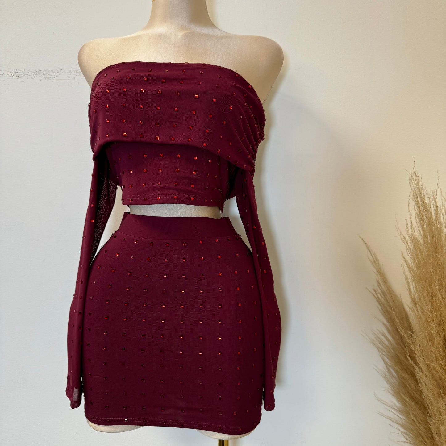 Rhinestone Skirt Set-Burgundy